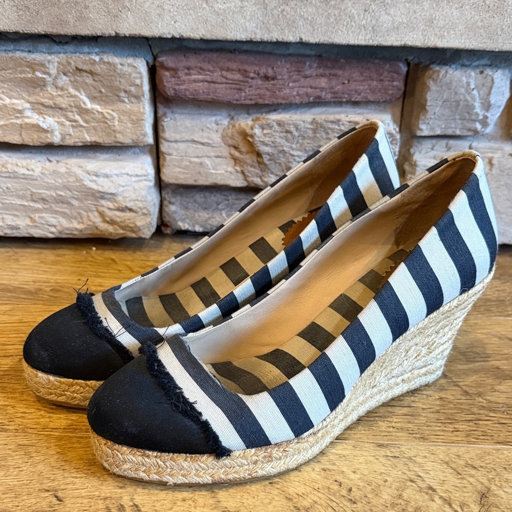 J.Crew Striped Black and Cream Espadrille Wedge Heels size 10